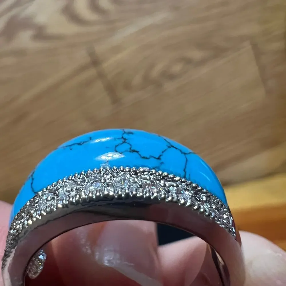 Lia Sophia Mesa/Premise Rhinestone Faux Turquoise Silver‎ Tone Dome Ring Sz 9